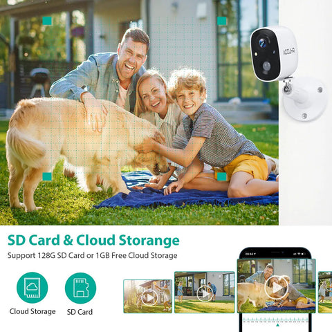 Family playing with dog under Wireless Outdoor Security Camera System With 1080P Two Way Audio And Full Color Night Vision