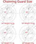 Size diagram of Rugged Aluminum Chainring Guard For 130mm BCD Sprockets 54T, 56T, 58T, 60T with weights listed