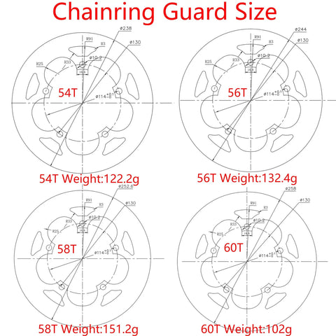 Size diagram of Rugged Aluminum Chainring Guard For 130mm BCD Sprockets 54T, 56T, 58T, 60T with weights listed