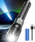 Beast Mode Rechargeable LED Flashlight S5000 With 3000 Lumens, flashlight shown with USB cable and battery