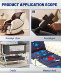 Image showing different products: massage chair, fascia gun, cradle, and massage bed. Application examples of devices in use.