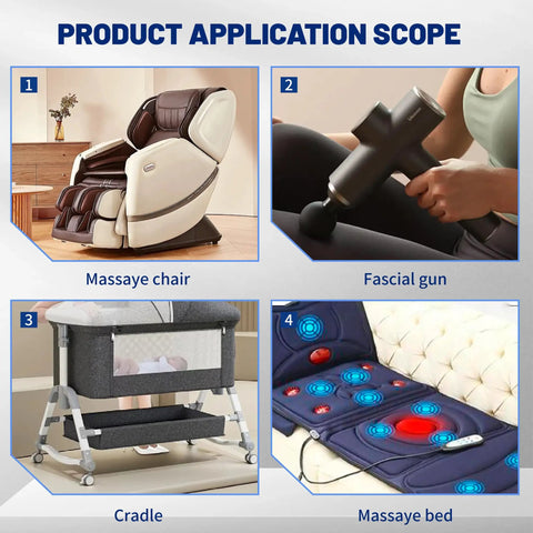 Image showing different products: massage chair, fascia gun, cradle, and massage bed. Application examples of devices in use.