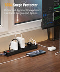 Six Outlet Surge Protector With Four USB Ports And Flat Plug Extension Cord Wall Mount Power Strip on a desk with devices connected