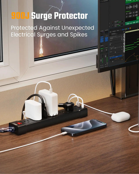 Six Outlet Surge Protector With Four USB Ports And Flat Plug Extension Cord Wall Mount Power Strip on a desk with devices connected