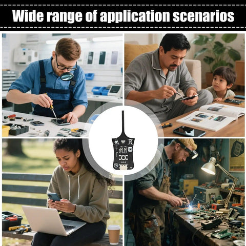 Collage showing diverse use of Two Pack Inductance And Coil Tester For Motherboards And Mobile Phones in electronics repair.