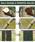Before and after images showing the effect of Pro Grade Heavy Duty Tree Wound Sealer And Dressing 500G on pruning cuts and bark damage.