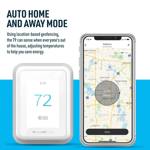 WiFi Smart Thermostat With Touchscreen Display, Room Sensor Ready, and app showing location-based energy saving mode