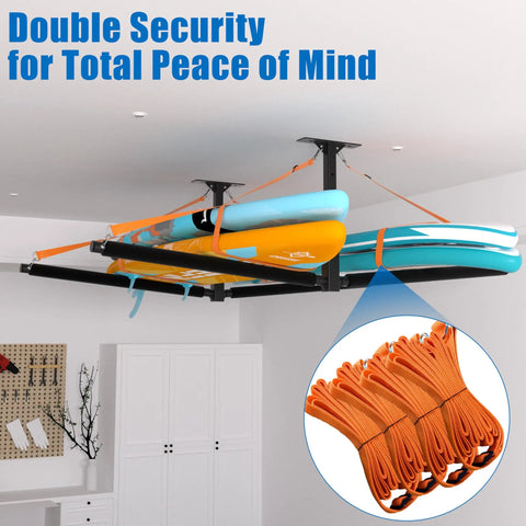 Double Paddleboard And Surfboard Ceiling Storage Rack For Garage Adjustable Overhead Hanger With Straps For Skis Kayaks And Canoes Holds 200 Lbs Black For Quick Setup installed in garage ceiling.