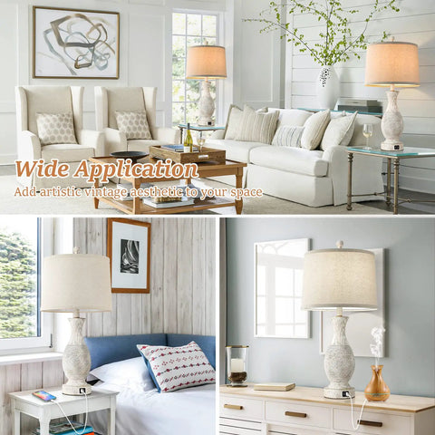 Two Pack 26 Inch Farmhouse Table Lamps With USB Charging Ports, rotary switch, E26 base, fabric shade in living room and bedroom