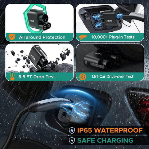 Nacs To Ccs Combo One Dc Fast Charging Adapter Tesla Supercharger Compatible EV shown with safety features and performance tests.