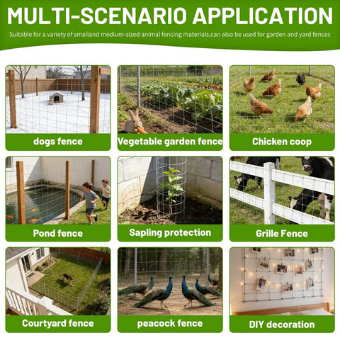 Image showing multi-scenario uses of the Built Tough Galvanized Woven Wire Fence Panel for dogs, gardens, chickens, and more.