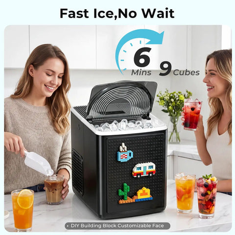 Countertop Bullet Ice Maker Chilling Out In 6 Minutes With 27 Lbs Daily Yield, producing ice cubes while women enjoy drinks.