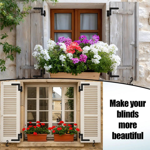 Beefy 24 Pack Steel Blind Shutter Hinges With S Holdback Hooks Kit on exterior shutters with colorful flowers.