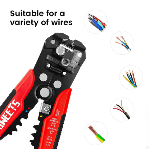 Self Adjusting Wire Stripper 3 In 1 Heavy Duty Automatic Wire Stripping Tool For 10 24 AWG Cables with ergonomic grip, showing wire compatibility.