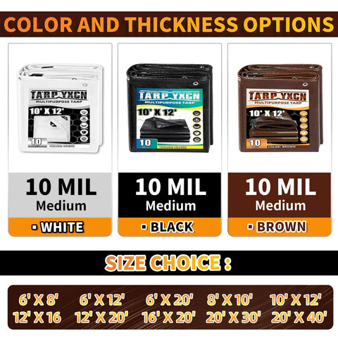 Brown Tarp 20x30 Feet 10 Mil Waterproof Poly Tarp With UV Resistant shown with color and thickness options