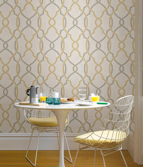 Peel and Stick Wallpaper Sausalito Taupe Yellow Linen Texture Removable and Repositionable DIY Wall Covering for Renters in dining area