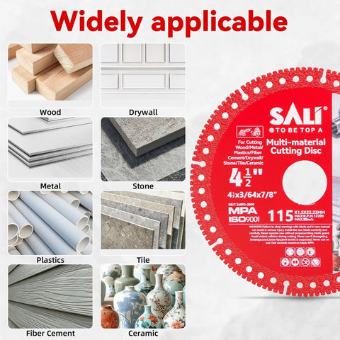 Four Point Five Inch Diamond Blade For Angle Grinder Cutting Concrete Tile Marble Granite And Glass Smooth Operator With Kickass Grip, showing multi-material applications.