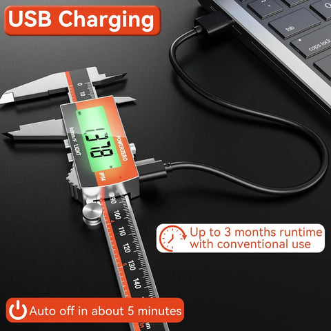 Rechargeable 6 Inch Digital Caliper With Large LCD Screen Stainless Steel Vernier Caliper For Fraction Inch Metric Conversions USB Charging