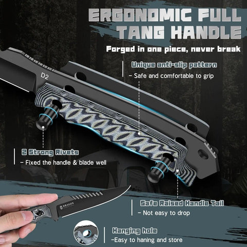 Beast Fixed Blade Knife With D2 Steel Blade And Toothed Spine For Outdoors Full Tang Handle Ergonomic Grip Built Durable