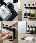 Three Chamber Shower Dispenser Set With No Drill Wall Mount Self Adhesive For Renters, Refillable 13.53 Oz Bottles for shampoo