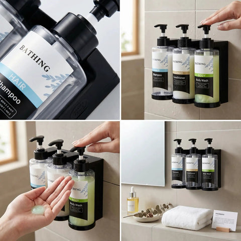 Three Chamber Shower Dispenser Set With No Drill Wall Mount Self Adhesive For Renters, Refillable 13.53 Oz Bottles for shampoo