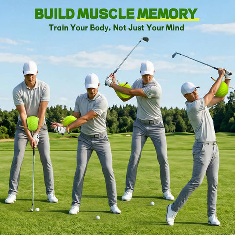 Men using Golf Swing Trainer For Posture And Arm Position Correction On Green, eliminate chicken wing and elbow flaring.
