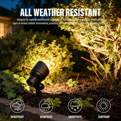 All weather resistant 12V Low Voltage LED Landscape Spotlights illuminating garden shrubs at night