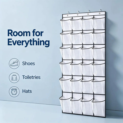 Over The Door Shoe Rack With 28 Spacious Pockets For Max Storage Capacity Breathable Mesh Hanging Shoe Organizer installation over a wall.