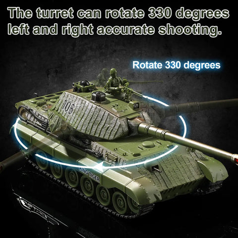Remote Control King Tiger Tank Toy For Kids Dope 1:28 Scale 9 Channel RC Military Vehicle with rotating turret and lights.