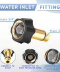 Pressure Washer Water Inlet Fitting Three Quarter Inch Female To Three Eighth Inch Male Quick Swap Replacement For Simpson Cleaning 7110166 Gold 2 Pack Pro Grade Easy Install Durable Build, showing close-up of female and male ends with stainless steel filter.