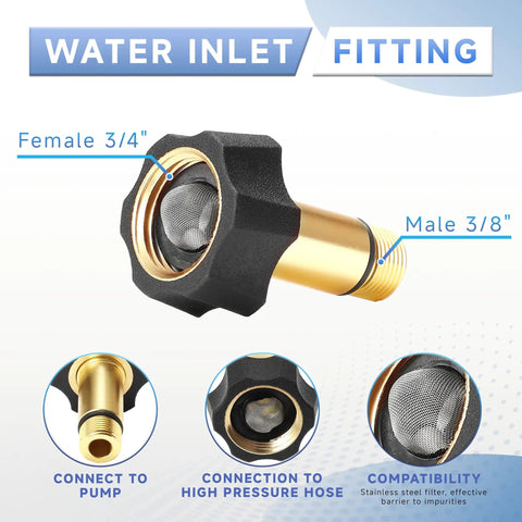 Pressure Washer Water Inlet Fitting Three Quarter Inch Female To Three Eighth Inch Male Quick Swap Replacement For Simpson Cleaning 7110166 Gold 2 Pack Pro Grade Easy Install Durable Build, showing close-up of female and male ends with stainless steel filter.