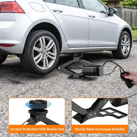 Heavy Duty Electric Car Jack With 3 Ton Lift Capacity Portable Tire Swap Kit For Suv And Pickup Quick Roadside Rescue Zero Fuss showing remote use and rubber pad protection.