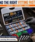 Heavy Duty 600 Pc Zerk Fittings Kit With Complete Sae Metric 1/4 And 1/8 Inch Set Plus Dust Caps And Wrenches For All Your Daily Machine Greasing Needs, open case with sorted compartments