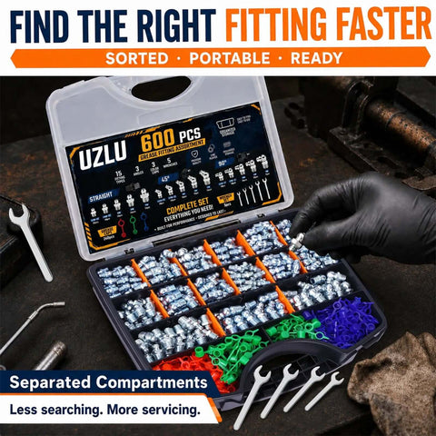 Heavy Duty 600 Pc Zerk Fittings Kit With Complete Sae Metric 1/4 And 1/8 Inch Set Plus Dust Caps And Wrenches For All Your Daily Machine Greasing Needs, open case with sorted compartments