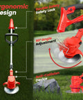 24V Cordless Weed Wacker with ergonomic design, safety lock, and adjustable angle for thick weeds and lawn care