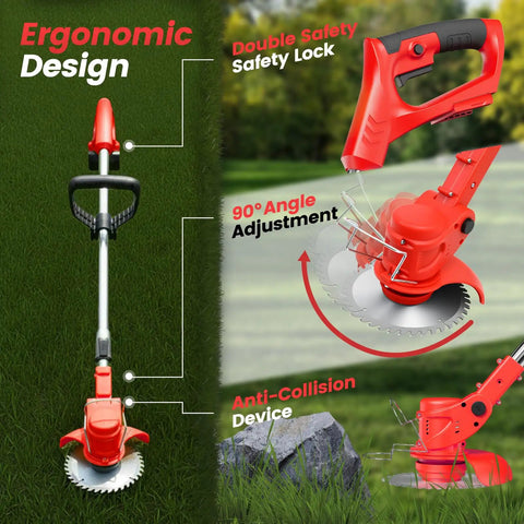 24V Cordless Weed Wacker with ergonomic design, safety lock, and adjustable angle for thick weeds and lawn care