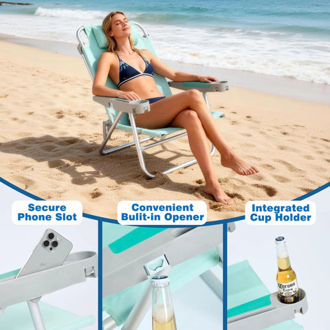 Woman relaxing on Extra Wide Beach Chair With 5 Position Lay Flat Recline Built Tough For Adults, Heavy Duty 500 Lb Capacity, XL Oversized Portable Folding Camping Chair With Cup And Phone Holders For Outdoor Trips