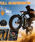 Beast 1500W Peak Electric Bike for Adults with fat tires, showcasing full suspension and off-road performance in desert terrain.