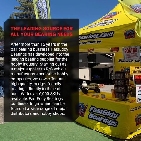 FastEddy Bearings booth with banner, outdoor setup, and promotional materials for Traxxas Slash 4WD Sealed Bearing Kit Upgrade