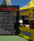 FastEddy Bearings booth with text about their RC products, featuring Mercedes CLK GTR TL 01 Ceramic Rubber Sealed Bearing Kit