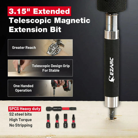 3.15" Extended Telescopic Magnetic Extension Bit designed for greater reach and one-handed operation, with S2 steel bits for DIY tasks.