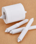 Two Pack Universal Toilet Paper Holder Replacement Rod Set, Spring Loaded, Retractable Plastic Rods, White Finish, shown next to roll