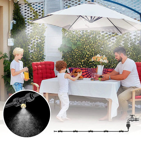 Outdoor Misting System For Patio And Garden With 100 Foot Misting Line, 30 Brass Mister Heads, family dining outdoors