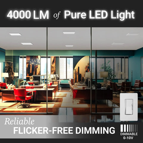 Office with 2x2 Foot Dimmable LED Flat Panel Light With 3 CCT Selectable 3000K 4000K 5000K, 4000 Lumens illuminating the space.