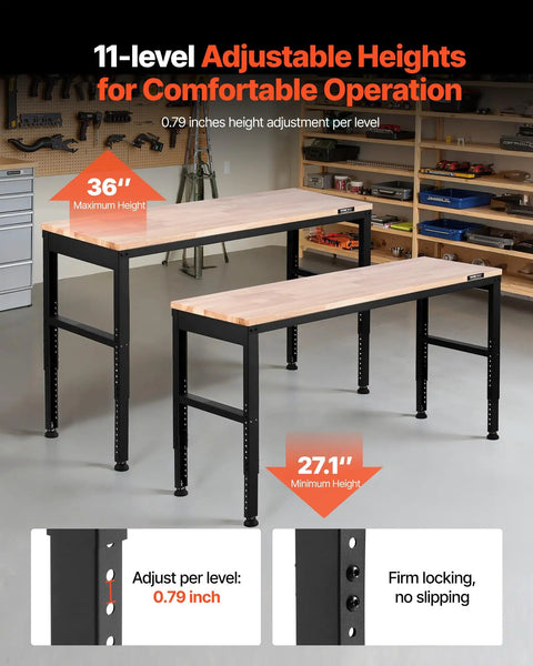 Heavy Duty Adjustable Workbench With 2000 Lb Capacity 61 By 20 Inch Surface Height Adjustable From 27.1 To 36 Inches Built In Power Outlets shown in garage setting