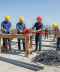 Workers using Heavy Duty Manual Rebar Bender Tool For Construction Site And Home Use Extended Handle Metal Bending Machine.