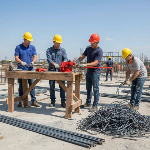 Workers using Heavy Duty Manual Rebar Bender Tool For Construction Site And Home Use Extended Handle Metal Bending Machine.