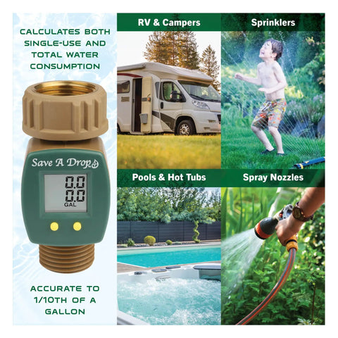Brass Water Flow Meter For Outdoor Hoses And Lawn Sprinklers, Tracks Gallons Used To 0.1 Gal, Easy Read LCD, images of uses