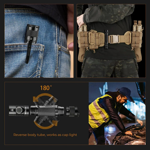 Powerful 2000 Lumen Pocket Flashlight with SST40 LED, USB C Rechargeable EDC Torch in various outdoor use scenarios
