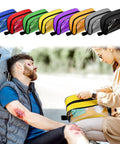 Eight-piece first aid pouch set with zippers and transparent windows in multiple colors.